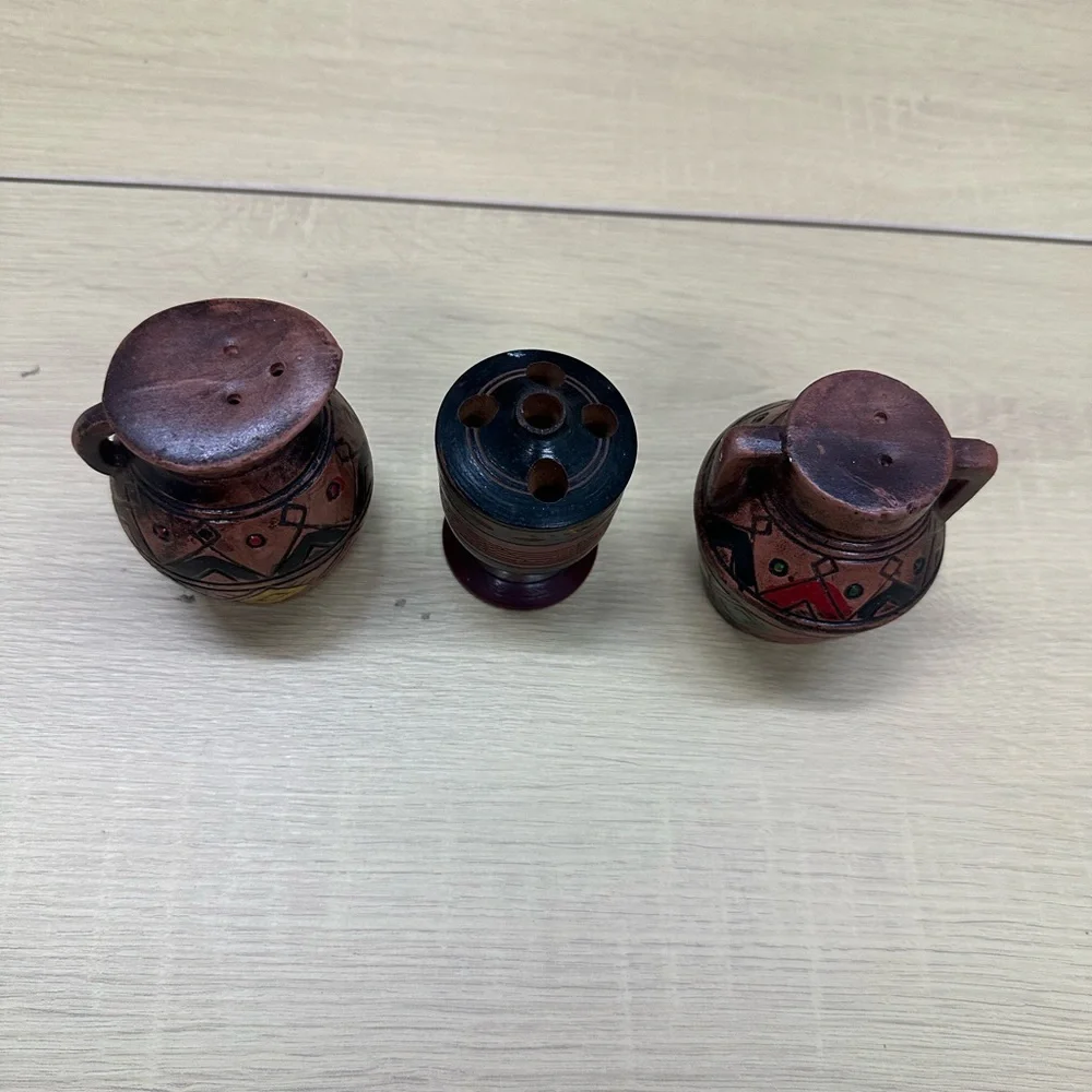 Native American Vintage Redware Salt and Pepper Shakers and Toothpick Holder EUC